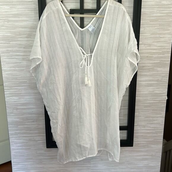 kona Sol white gauze semi sheer swimwear cover-up dress with tassel bathing suit - Picture 1 of 5